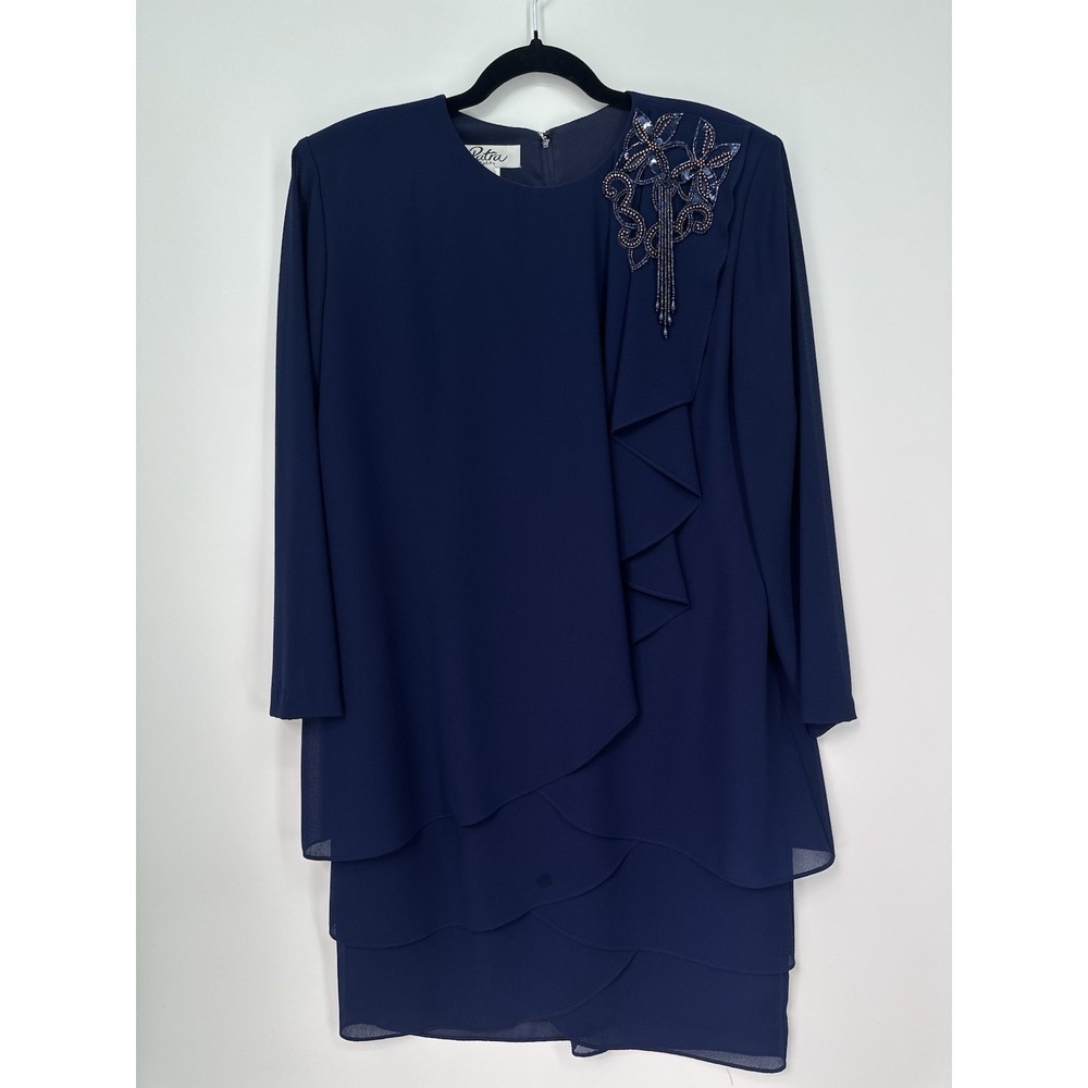 Patra Petite Women's Size 14 Navy Blue Beaded Formal Dress
